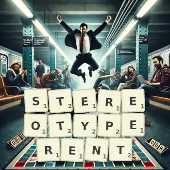 Illustration créative d'un jeu de lettres avec le mot STEREOTYPERENT épelé sur le plateau.