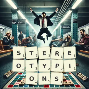 Illustration créative d'un jeu de lettres avec le mot STEREOTYPIONS épelé sur le plateau.