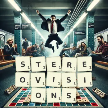 Illustration créative d'un jeu de lettres avec le mot STEREOVISIONS épelé sur le plateau.