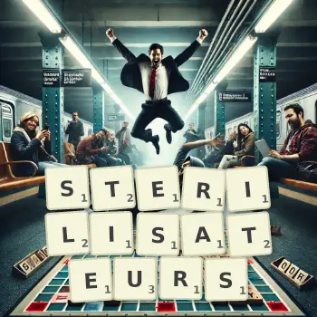 Illustration créative d'un jeu de lettres avec le mot STERILISATEURS épelé sur le plateau.