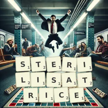 Illustration créative d'un jeu de lettres avec le mot STERILISATRICE épelé sur le plateau.