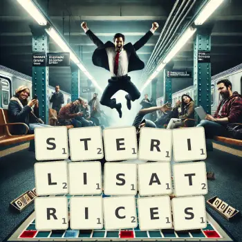 Illustration créative d'un jeu de lettres avec le mot STERILISATRICES épelé sur le plateau.