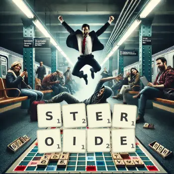 Illustration créative d'un jeu de lettres avec le mot STEROIDE épelé sur le plateau.