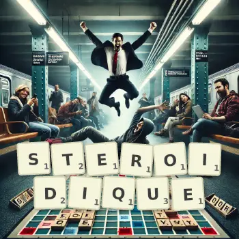 Illustration créative d'un jeu de lettres avec le mot STEROIDIQUE épelé sur le plateau.