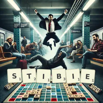 Illustration créative d'un jeu de lettres avec le mot STIBIE épelé sur le plateau.