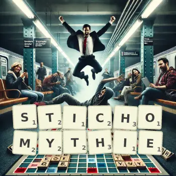 Illustration créative d'un jeu de lettres avec le mot STICHOMYTHIE épelé sur le plateau.