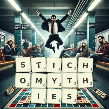 Illustration créative d'un jeu de lettres avec le mot STICHOMYTHIES épelé sur le plateau.