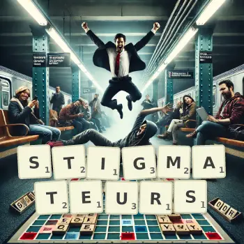 Illustration créative d'un jeu de lettres avec le mot STIGMATEURS épelé sur le plateau.