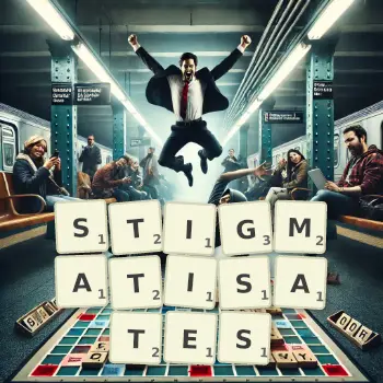 Illustration créative d'un jeu de lettres avec le mot STIGMATISATES épelé sur le plateau.