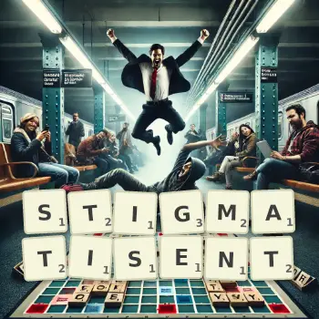 Illustration créative d'un jeu de lettres avec le mot STIGMATISENT épelé sur le plateau.
