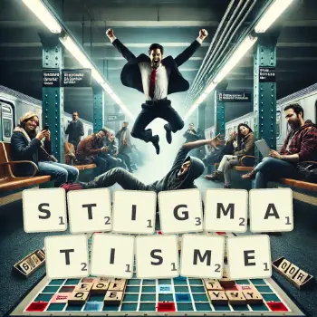 Illustration créative d'un jeu de lettres avec le mot STIGMATISME épelé sur le plateau.