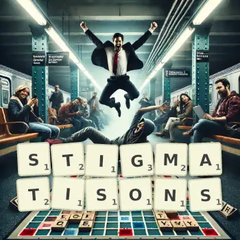 Illustration créative d'un jeu de lettres avec le mot STIGMATISONS épelé sur le plateau.