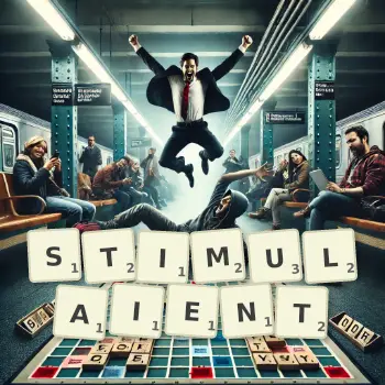 Illustration créative d'un jeu de lettres avec le mot STIMULAIENT épelé sur le plateau.