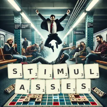 Illustration créative d'un jeu de lettres avec le mot STIMULASSES épelé sur le plateau.