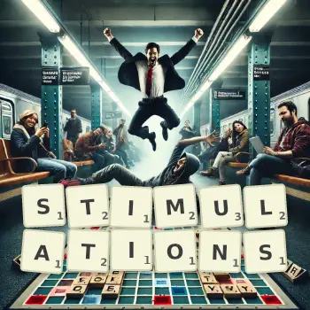 Illustration créative d'un jeu de lettres avec le mot STIMULATIONS épelé sur le plateau.