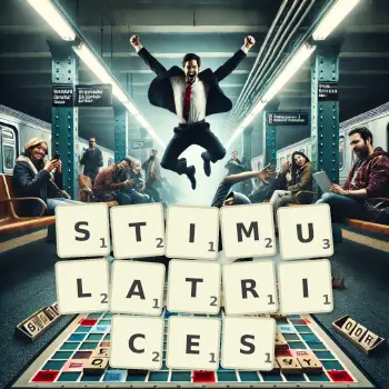 Illustration créative d'un jeu de lettres avec le mot STIMULATRICES épelé sur le plateau.