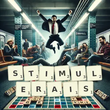 Illustration créative d'un jeu de lettres avec le mot STIMULERAIS épelé sur le plateau.