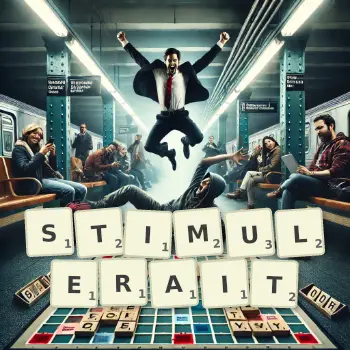 Illustration créative d'un jeu de lettres avec le mot STIMULERAIT épelé sur le plateau.