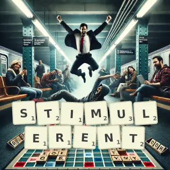 Illustration créative d'un jeu de lettres avec le mot STIMULERENT épelé sur le plateau.