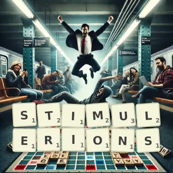 Illustration créative d'un jeu de lettres avec le mot STIMULERIONS épelé sur le plateau.