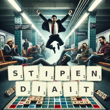 Illustration créative d'un jeu de lettres avec le mot STIPENDIAIT épelé sur le plateau.