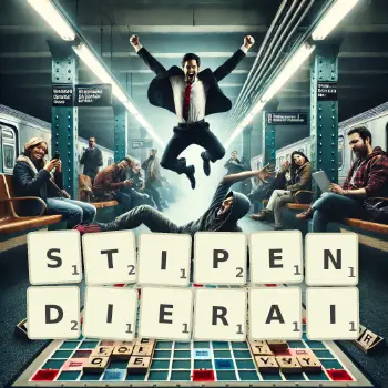 Illustration créative d'un jeu de lettres avec le mot STIPENDIERAI épelé sur le plateau.