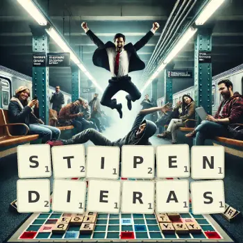 Illustration créative d'un jeu de lettres avec le mot STIPENDIERAS épelé sur le plateau.