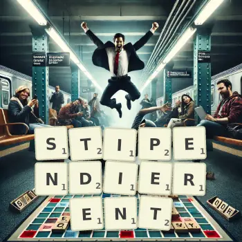 Illustration créative d'un jeu de lettres avec le mot STIPENDIERENT épelé sur le plateau.