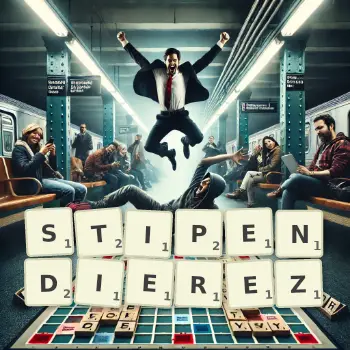 Illustration créative d'un jeu de lettres avec le mot STIPENDIEREZ épelé sur le plateau.