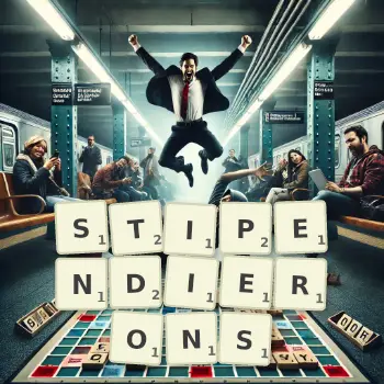 Illustration créative d'un jeu de lettres avec le mot STIPENDIERONS épelé sur le plateau.