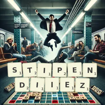 Illustration créative d'un jeu de lettres avec le mot STIPENDIIEZ épelé sur le plateau.