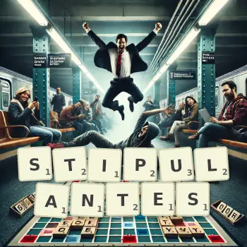 Illustration créative d'un jeu de lettres avec le mot STIPULANTES épelé sur le plateau.