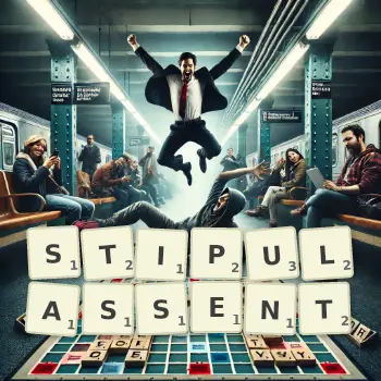 Illustration créative d'un jeu de lettres avec le mot STIPULASSENT épelé sur le plateau.