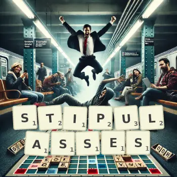 Illustration créative d'un jeu de lettres avec le mot STIPULASSES épelé sur le plateau.