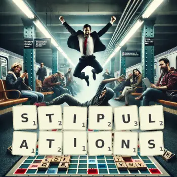 Illustration créative d'un jeu de lettres avec le mot STIPULATIONS épelé sur le plateau.