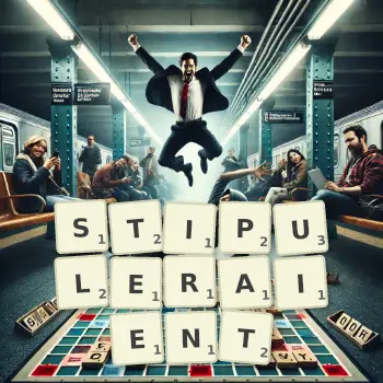 Illustration créative d'un jeu de lettres avec le mot STIPULERAIENT épelé sur le plateau.