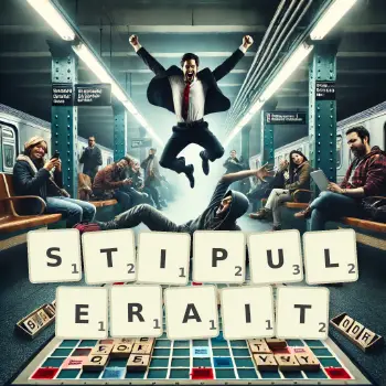 Illustration créative d'un jeu de lettres avec le mot STIPULERAIT épelé sur le plateau.