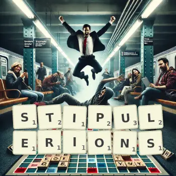 Illustration créative d'un jeu de lettres avec le mot STIPULERIONS épelé sur le plateau.