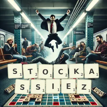 Illustration créative d'un jeu de lettres avec le mot STOCKASSIEZ épelé sur le plateau.