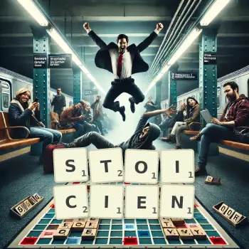 Illustration créative d'un jeu de lettres avec le mot STOICIEN épelé sur le plateau.