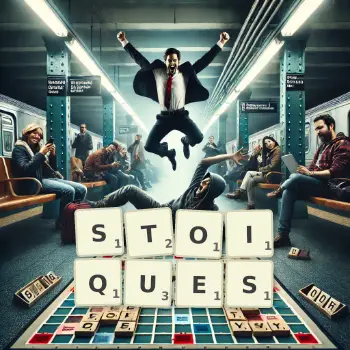 Illustration créative d'un jeu de lettres avec le mot STOIQUES épelé sur le plateau.