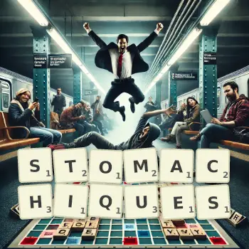 Illustration créative d'un jeu de lettres avec le mot STOMACHIQUES épelé sur le plateau.