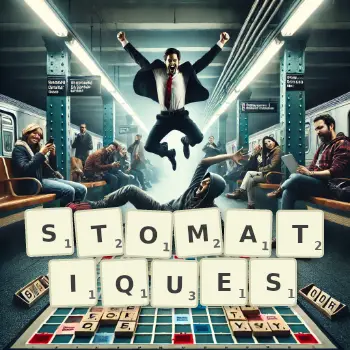 Illustration créative d'un jeu de lettres avec le mot STOMATIQUES épelé sur le plateau.