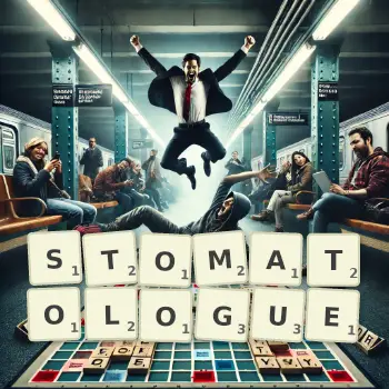 Illustration créative d'un jeu de lettres avec le mot STOMATOLOGUE épelé sur le plateau.