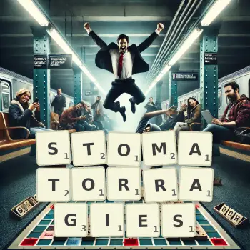 Illustration créative d'un jeu de lettres avec le mot STOMATORRAGIES épelé sur le plateau.
