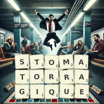 Illustration créative d'un jeu de lettres avec le mot STOMATORRAGIQUE épelé sur le plateau.