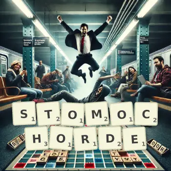 Illustration créative d'un jeu de lettres avec le mot STOMOCHORDE épelé sur le plateau.