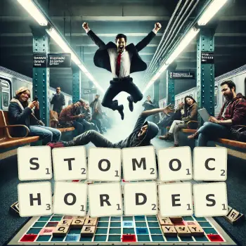 Illustration créative d'un jeu de lettres avec le mot STOMOCHORDES épelé sur le plateau.