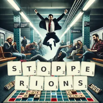 Illustration créative d'un jeu de lettres avec le mot STOPPERIONS épelé sur le plateau.