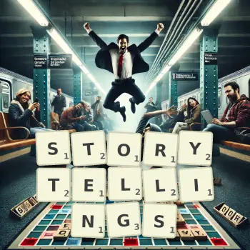 Illustration créative d'un jeu de lettres avec le mot STORYTELLINGS épelé sur le plateau.